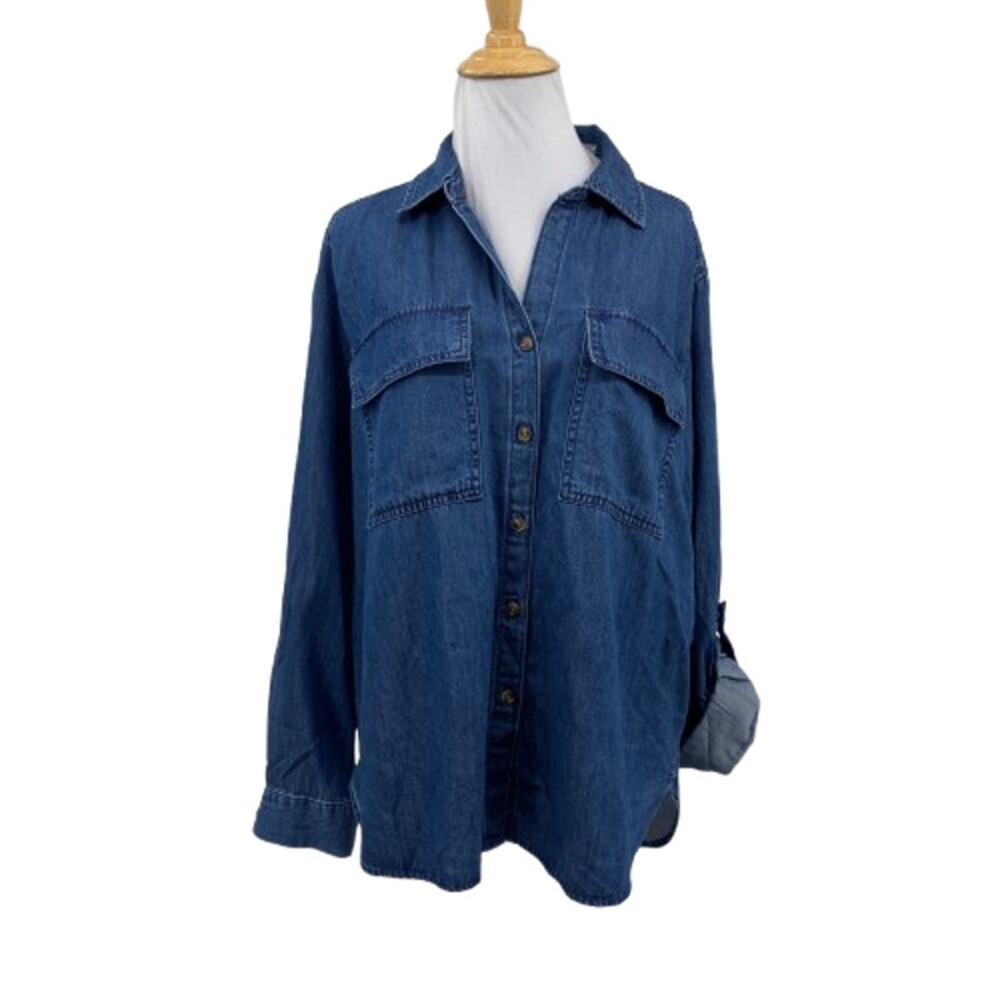 Jane Delancey Shirt Womens M Medium Blue Chambray Tab Sleeve Button Up Pockets